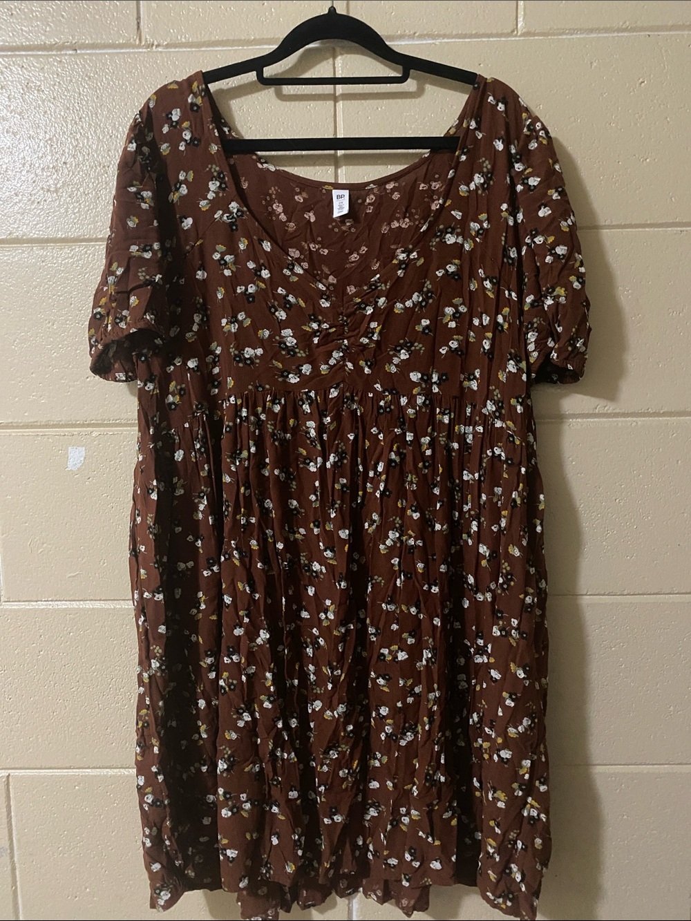 bp Brown Floral Short-Sleeve Dress with Pink and Yellow Accents